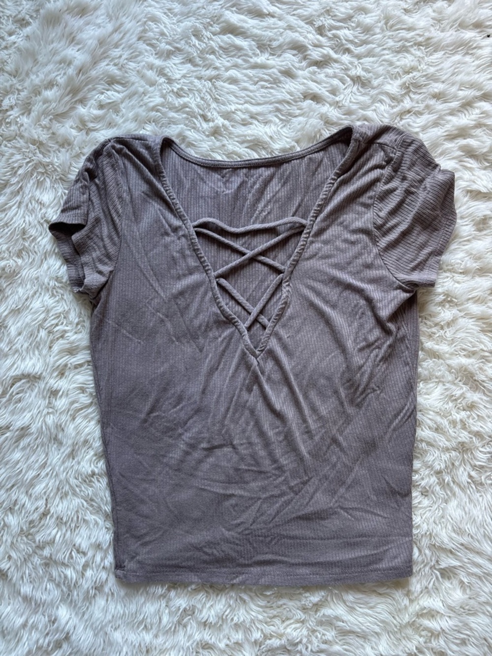 Me to We Taupe Ribbed Short Sleeve Top with Crisscross V-Neck